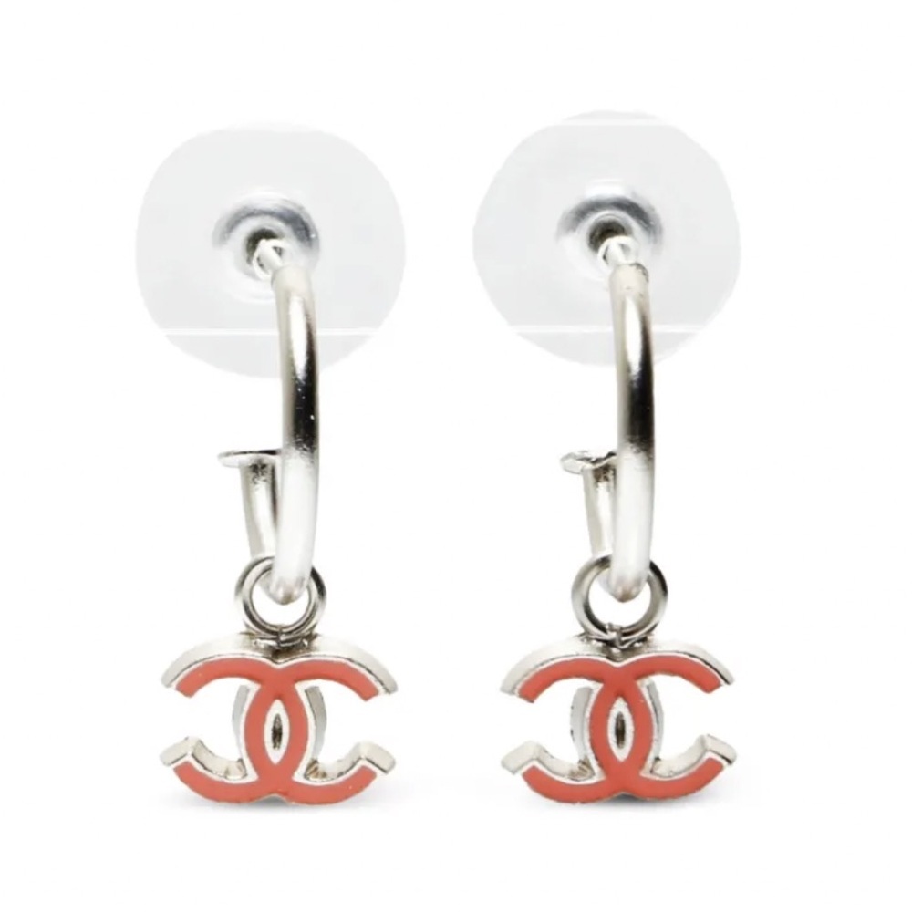 CHANEL Silver and Red CC Hoop Pierced Earrings - Picture 2 of 8